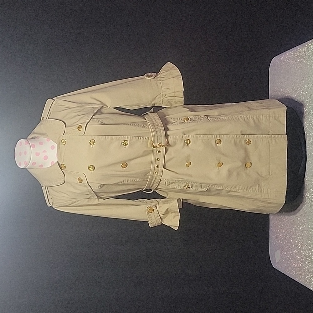 Y2k Vintage Juicy Couture Tan Double Breasted Pleated Belted Trench Coat SZ:L